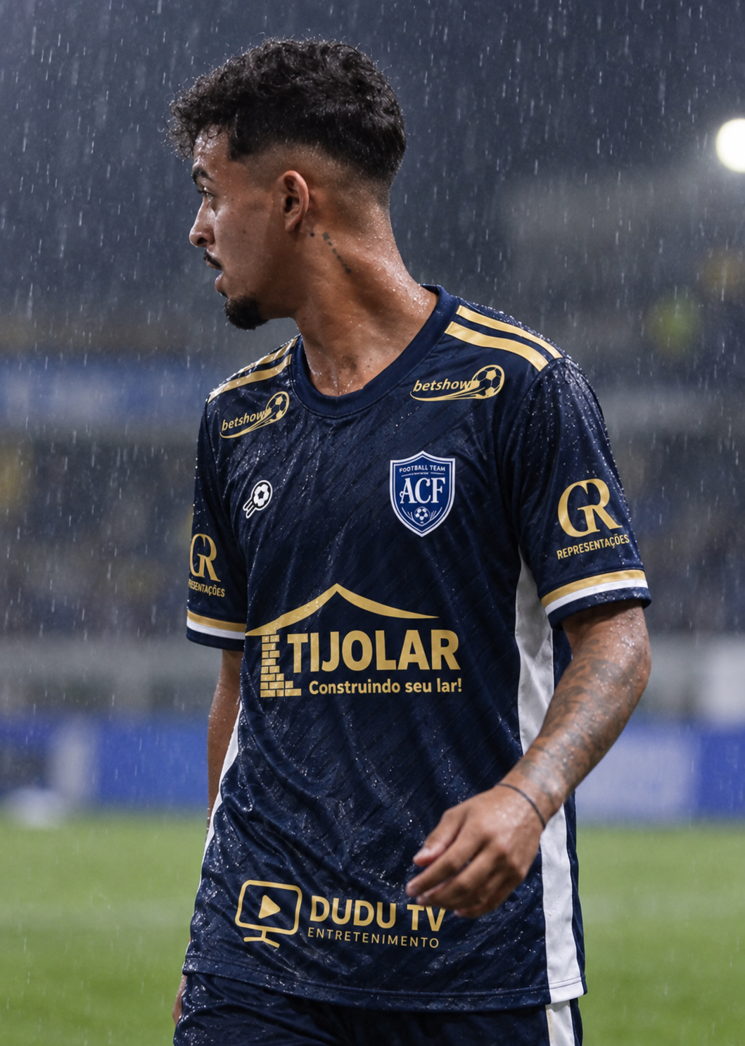 Painha com a camisa do Clube dos Contadores em campo sob chuva